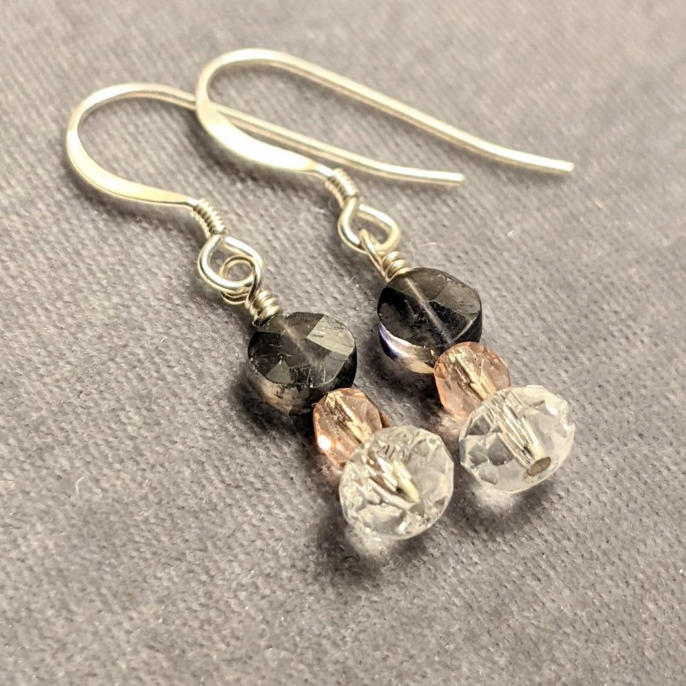 Sterling Silver Drop Earrings w/Iolite(navy), Clear Quartz & Vintage Glass Beads